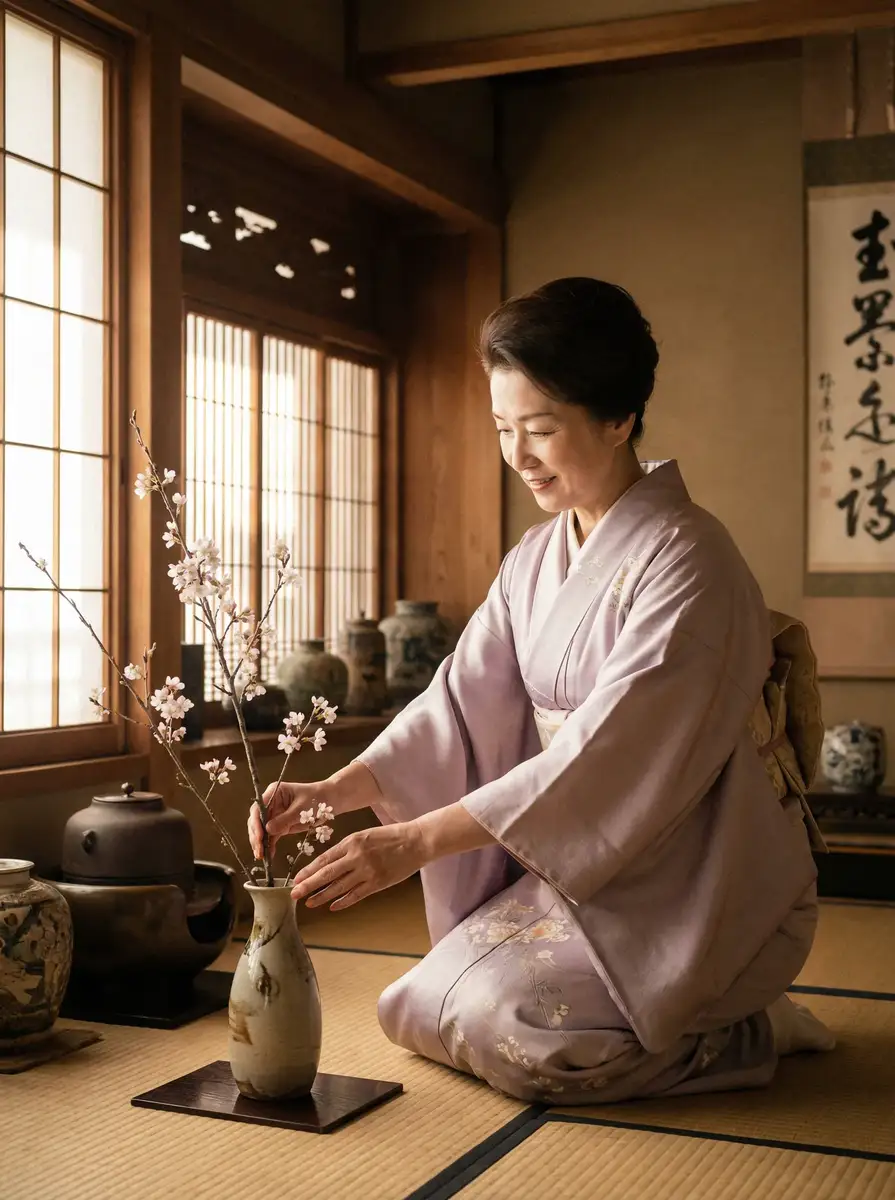 一位优雅的 海角51暗网 在和室中插花